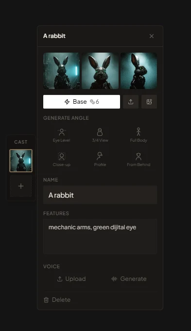 Storynote Cast panel for a rabbit character, showing reference images, angles, features, and voice controls
