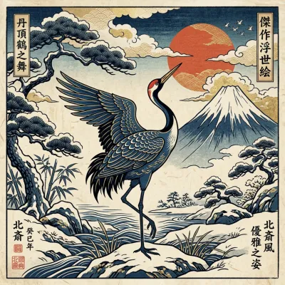 Ukiyo-e style crane scene