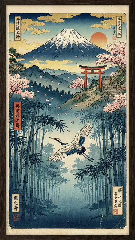 Ukiyo-e style scene with Mount Fuji, a torii gate, a crane, and bamboo