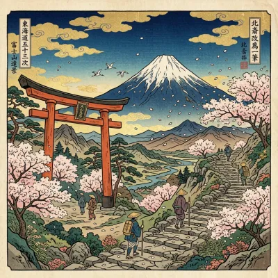 Ukiyo-e style torii landscape